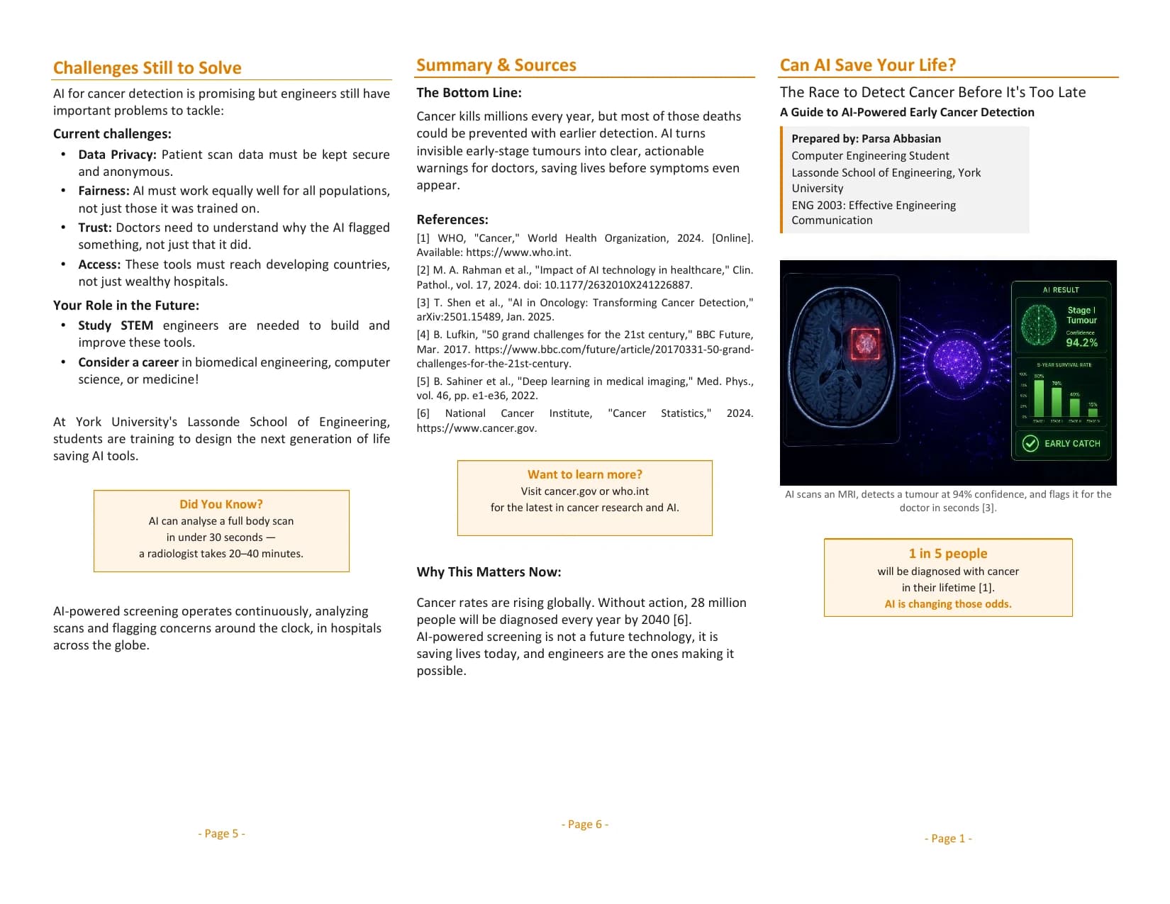 Outside panels of a general-audience brochure titled 'Can AI Save Your Life?', showing the front cover, a summary panel, and remaining engineering challenges.