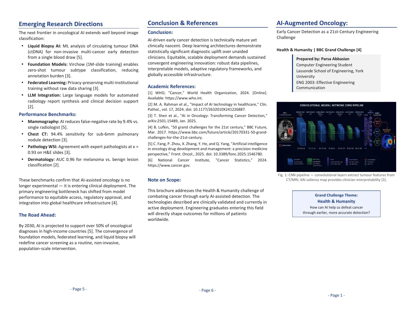 Outside panels of a technical brochure titled 'AI-Augmented Oncology', showing the cover, conclusion, and emerging research directions.