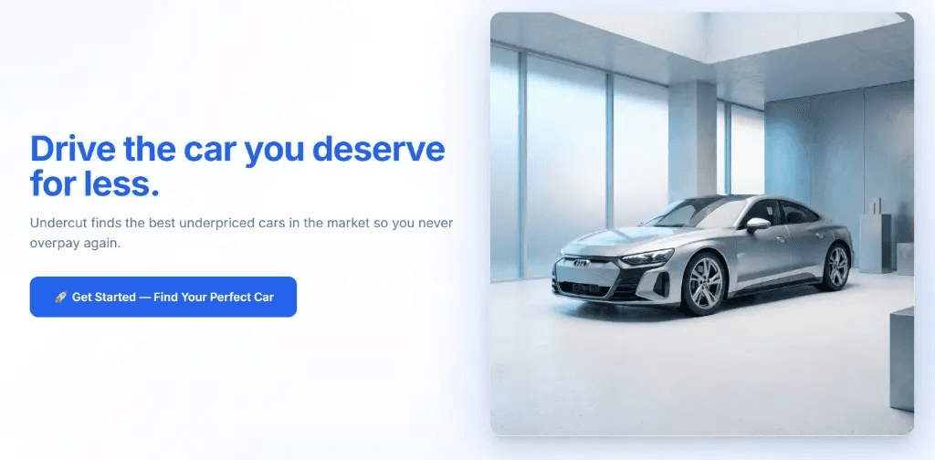 Undercut hero section: Drive the car you deserve for less, with marketplace call to action and vehicle imagery
